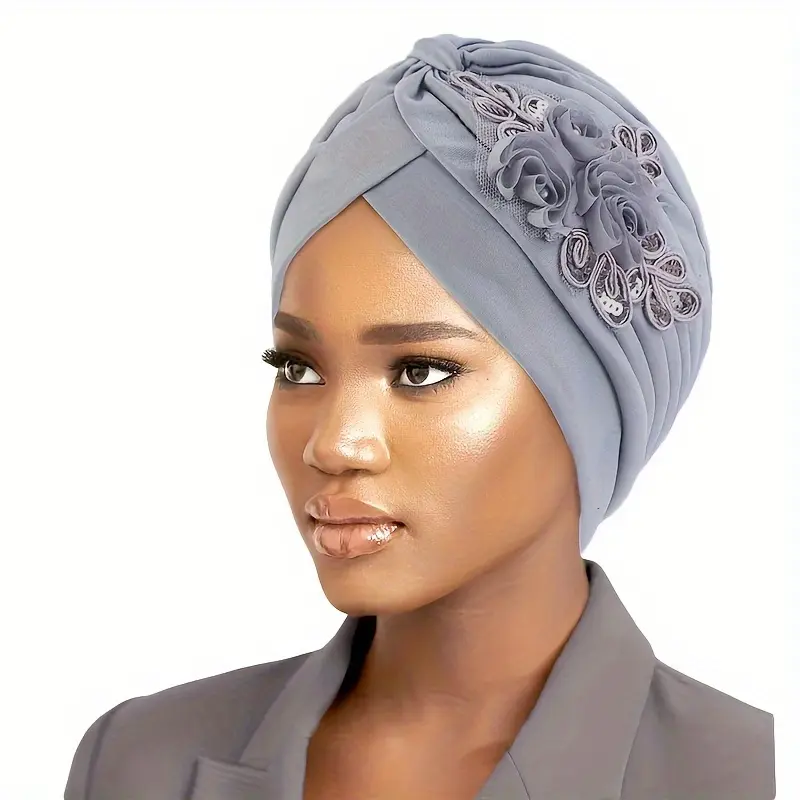 Flower Embroidery Elegant Turban Hats Lightweight Elastic Head Wraps Pleated Headscarf Ramadan Beanies Chemo Cap For Women