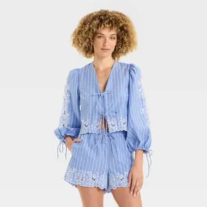Women's Long Sleeve Eyelet Tie-Front Poplin Blouse - Future Collective