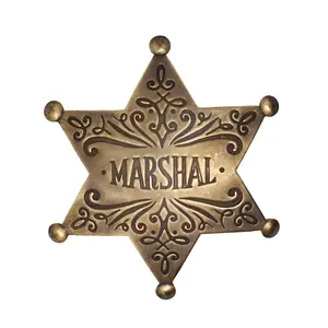 Marshal Old West Solid Brass Ornate Star Badge With Antique Finish & Soldered Pin 3" x 2.25" for Reenactors Collectors