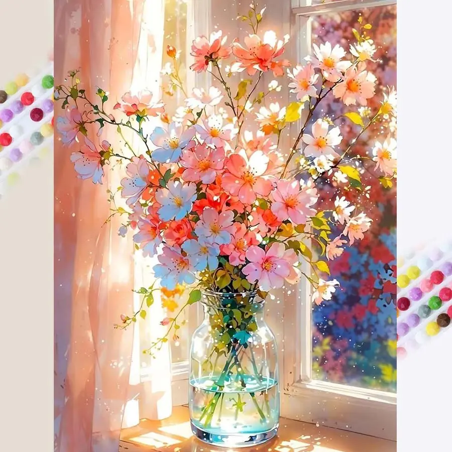 1 set of DIY diamond painting kit, 5D diamond art kit, DIY decoration flowers, vase, windowsill mosaic, diamond art, DIY art home decor