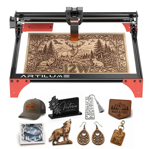 ARTILUME K4 12W Laser Engraver & Cutter, 400×400mm Large Workspace, 0.06mm Ultra-Precise Engraving, High-Speed Performance, No App, for Wood, Metal, Acrylic & Fabric, Personalized Gifts, Crafts & Large Projects