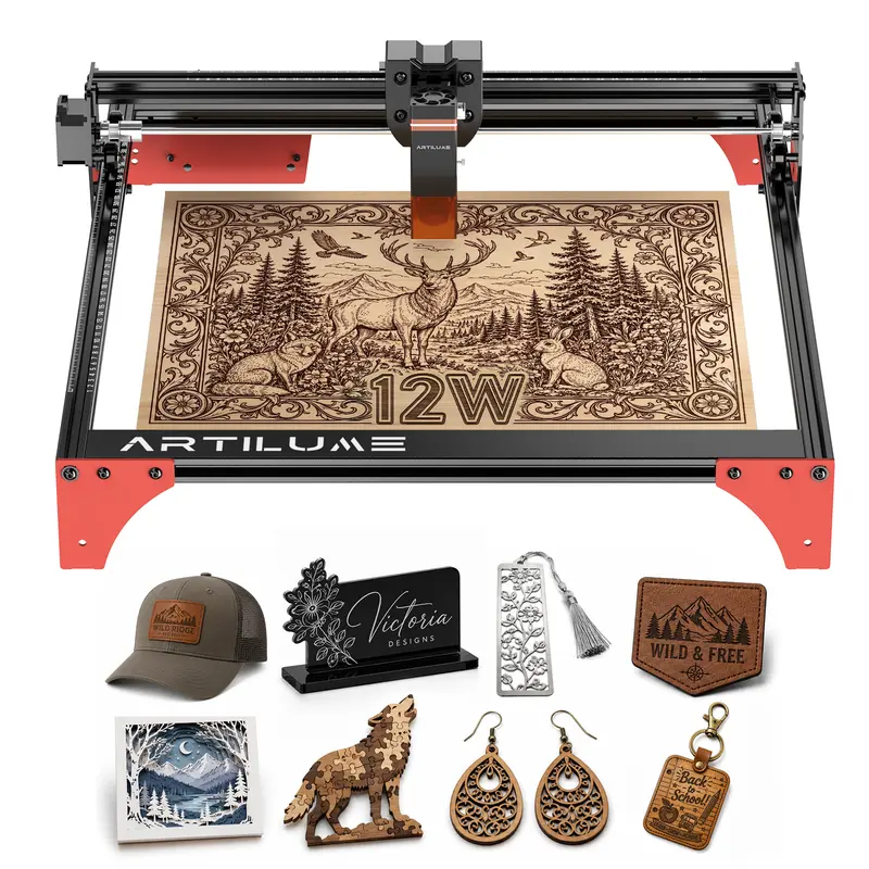 ARTILUME K4 12W Laser Engraver & Cutter, 400×400mm Large Workspace, 0.06mm Ultra-Precise Engraving, High-Speed Performance, No App, for Wood, Metal, Acrylic & Fabric, Personalized Gifts, Crafts & Large Projects