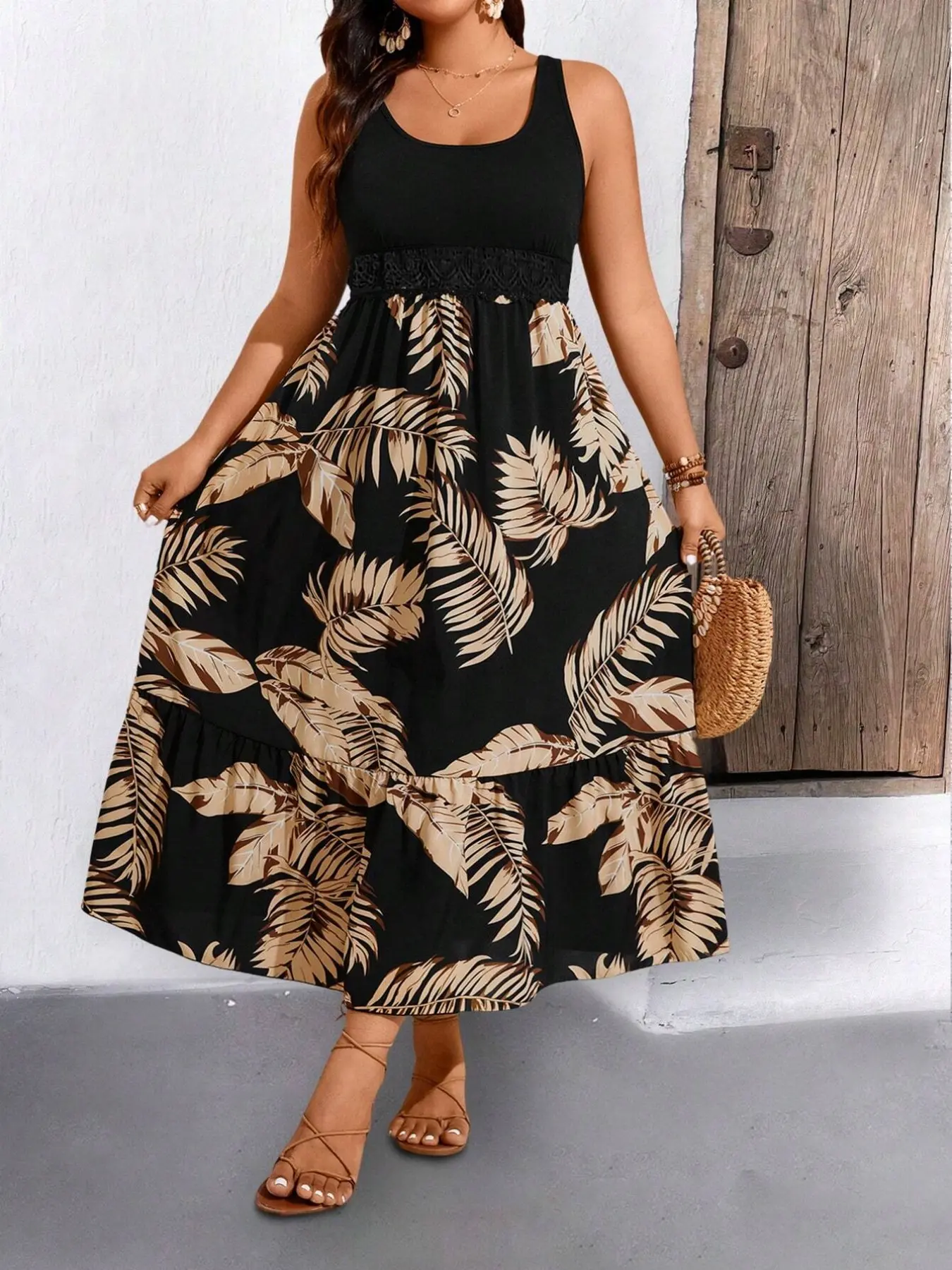 Women's Plus Size Tummy Control, Breathable Tropical Leaf Print Maxi Dress Sleeveless Crochet Lace Waist A- Women's Plus Size Tummy Control, Breathable Tropical Leaf Print Maxi Dress Sleeveless Crochet Lace Waist A-