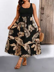 Women's Plus Size Tummy Control Tropical Leaf Print Maxi Dress Sleeveless Tank Dresses Crochet Lace Waist A-Line Boho Bohemian Flowy Beach Vacation Summer Sundress Casual Hawaiian Resort Luau Outfits Holiday Cruise Wear Cover Up Spring 2026 Viral