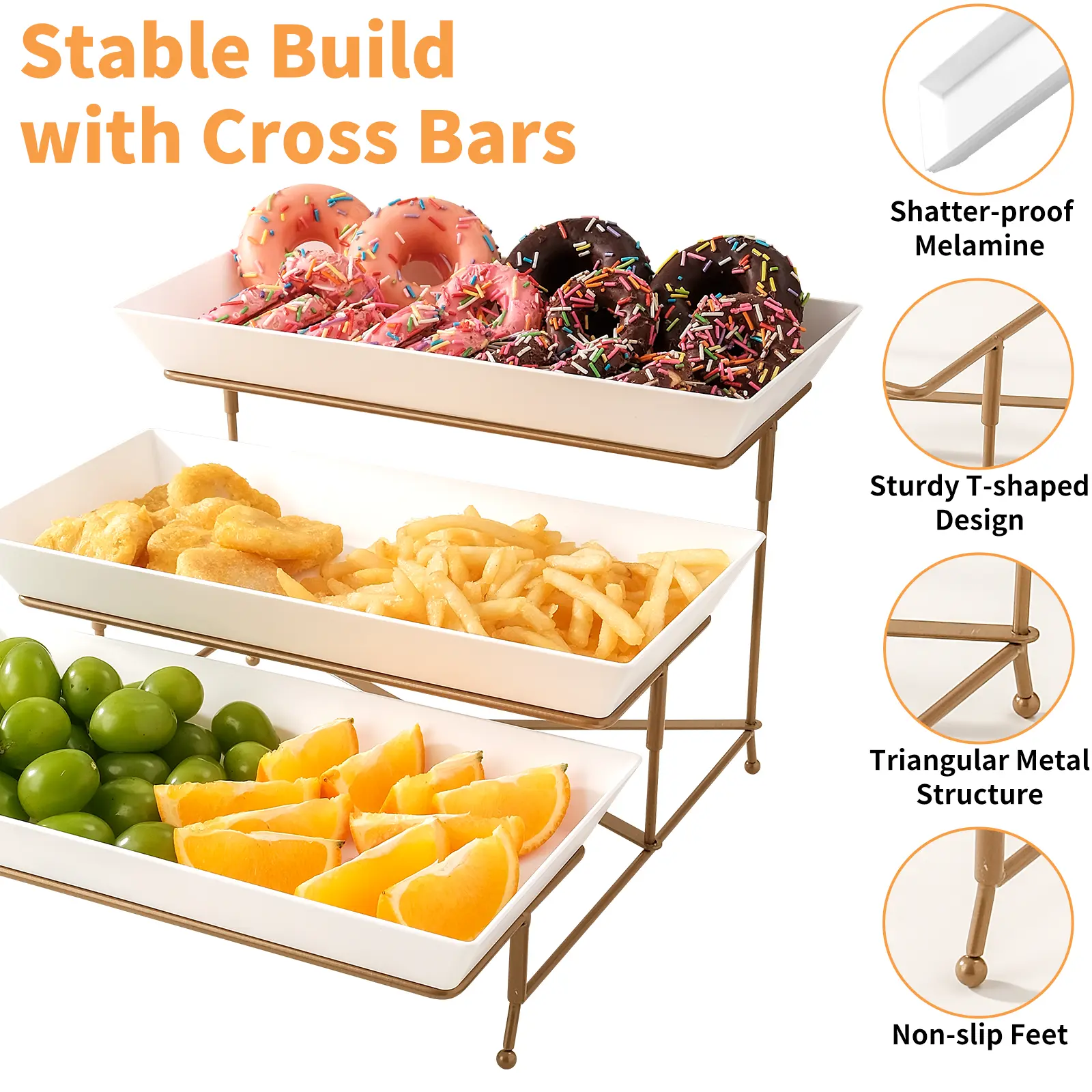 1Pc  Three-tier iron rack tray set, plastic tray, foldable sturdy stand, equipped with stable crossbars, three-tier service, suitable for party entertainment food display fruit dessert Adjustable Shelf Rack