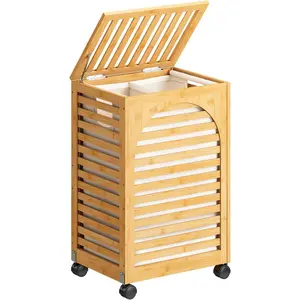 Laundry Hamper with Wheels, Laundry Basket with Lid, 22.5Gallon (85L) Bamboo Wood Clothes Laundry Hamper 2 Section with Handles, Removable Liner