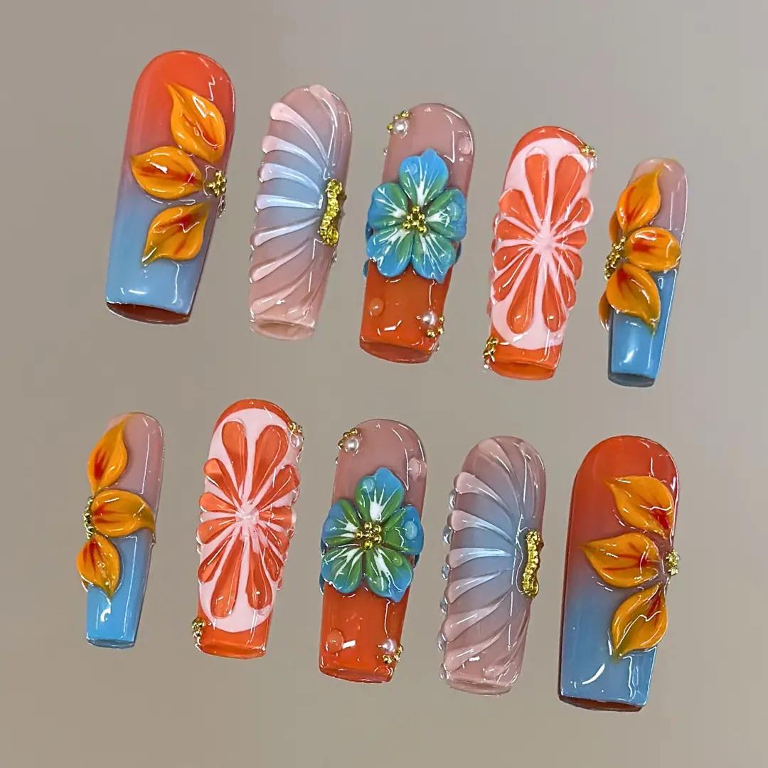 NailVesta TANGERINE TIDE – 100% Handcrafted 3D Press-On Nails | Reusable, Long-Lasting, Salon-Quality black lace nail art nail art