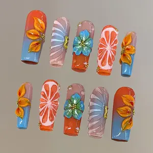 NailVesta TANGERINE TIDE – 100% Handcrafted 3D Press-On Nails | Reusable, Long-Lasting, Salon-Quality black lace nail art nail art