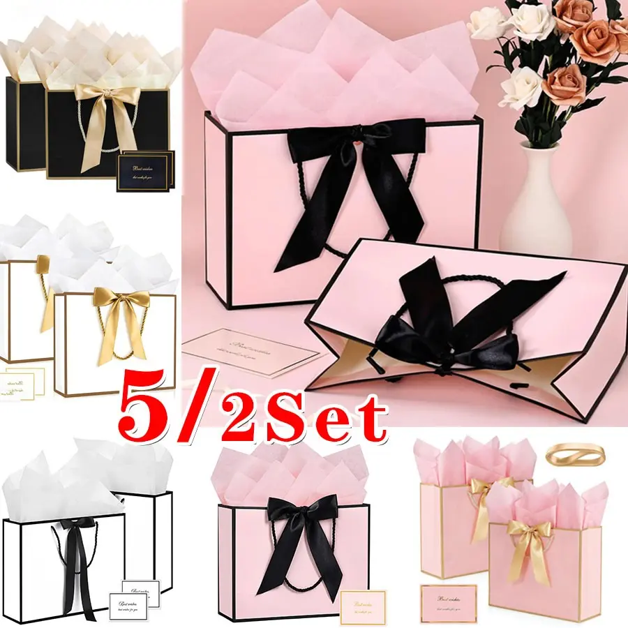 Large Gift Bags with Handles, 5/2set Premium Gift Bag Set with Bow, Tissue Paper & Greeting Cards, Gift Packaging, Gift Bags for Wedding, Birthday, Party, Baby Shower, Christmas, Bridal Shower
