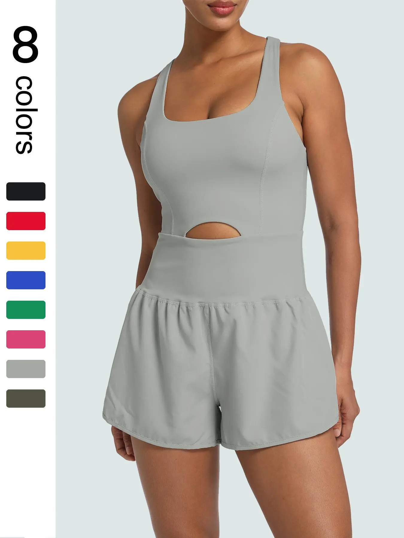 Women's Solid Color Cut Out Sports Romper, Sporty Romper, Casual Sleeveless Tank Romper, High Waisted Romper, Elastic Waist Romper, Workout Rompers, Exercise Rompers, Athletic Rompers for Yoga Gym Workout, Ladies Sportswear for All Seasons, Yoga Jumpsuits