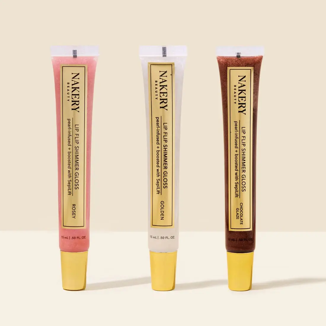 Nakery Lip Flip Volumizing Peptide Gloss, Shimmer Cosmetic with Intense Pigmentation, 3-Piece Multi-Pack (Rosey, Golden, Chocolate Glaze)