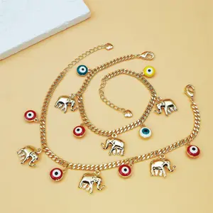 [FLAME] Evil Eye Elephant Charm Cuban Link Bracelet, 18K Gold Plated Lucky Protection Jewelry, Good Luck Amulet for Women