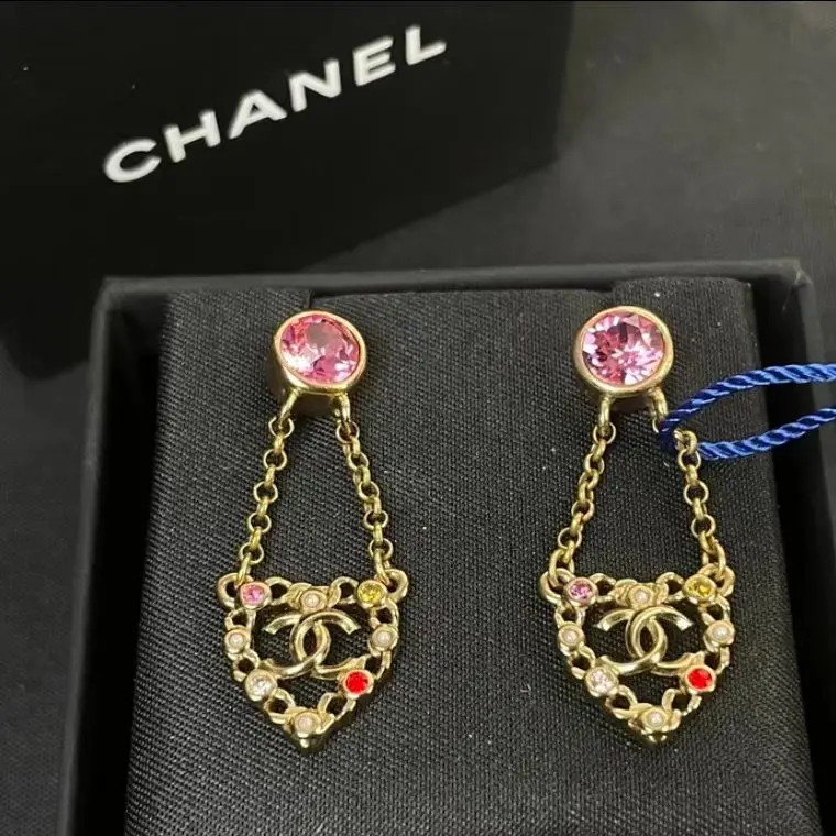 Pre-owned Chanel Pink Crystal Stud Heart Interlocking CC Multicolor Pearl Drop Earrings