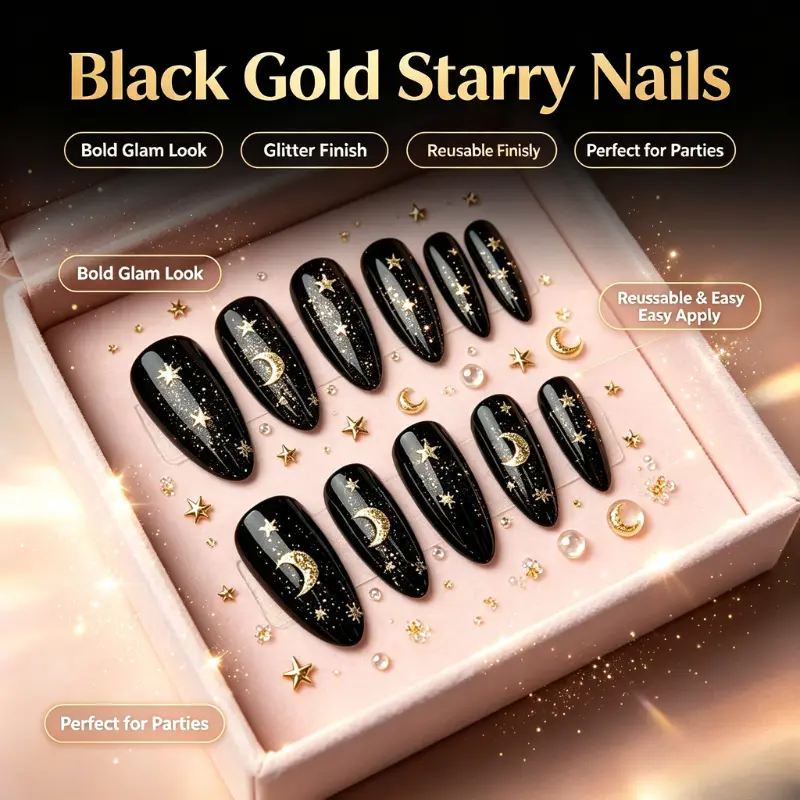 Black Glossy Almond Press On Nails Gold Moon Star Glitter Fake Nails Gothic Dark Aesthetic Reusable False Nail Kit For Women