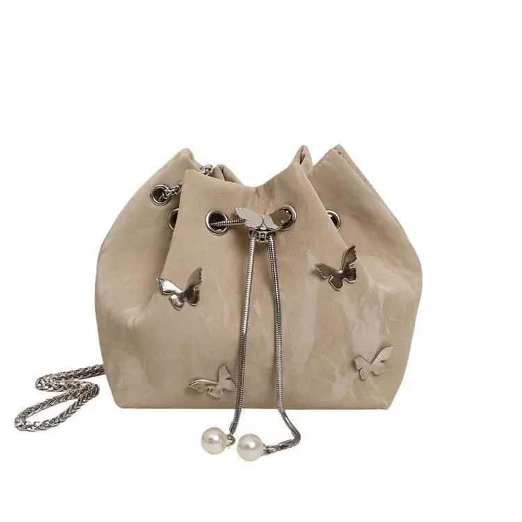 Fashion Versatile Chain Bucket Bag Leather Drawstring Bucket Bag with Metal Small Butterfly Chain Women's Crossbody Shoulder Bag