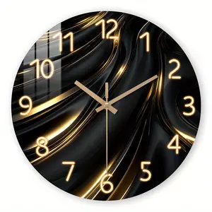 1pc Wooden Wall Clock, Fantasy Theme - Black And Golden Wavy Lines Pattern Tempered Film Veneer Silent Clock, Suitable for Living Room, Office Decoration, Modern And Elegant Gift for Business Partners on Important Days, AA Batteries Not Included