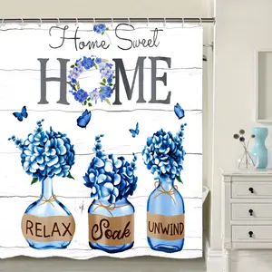 Blue Hydrangea Shower Curtain, Home Sweet Bathroom Set, Farmhouse Country Shower Curtain Bathroom Decor with 12 Hooks