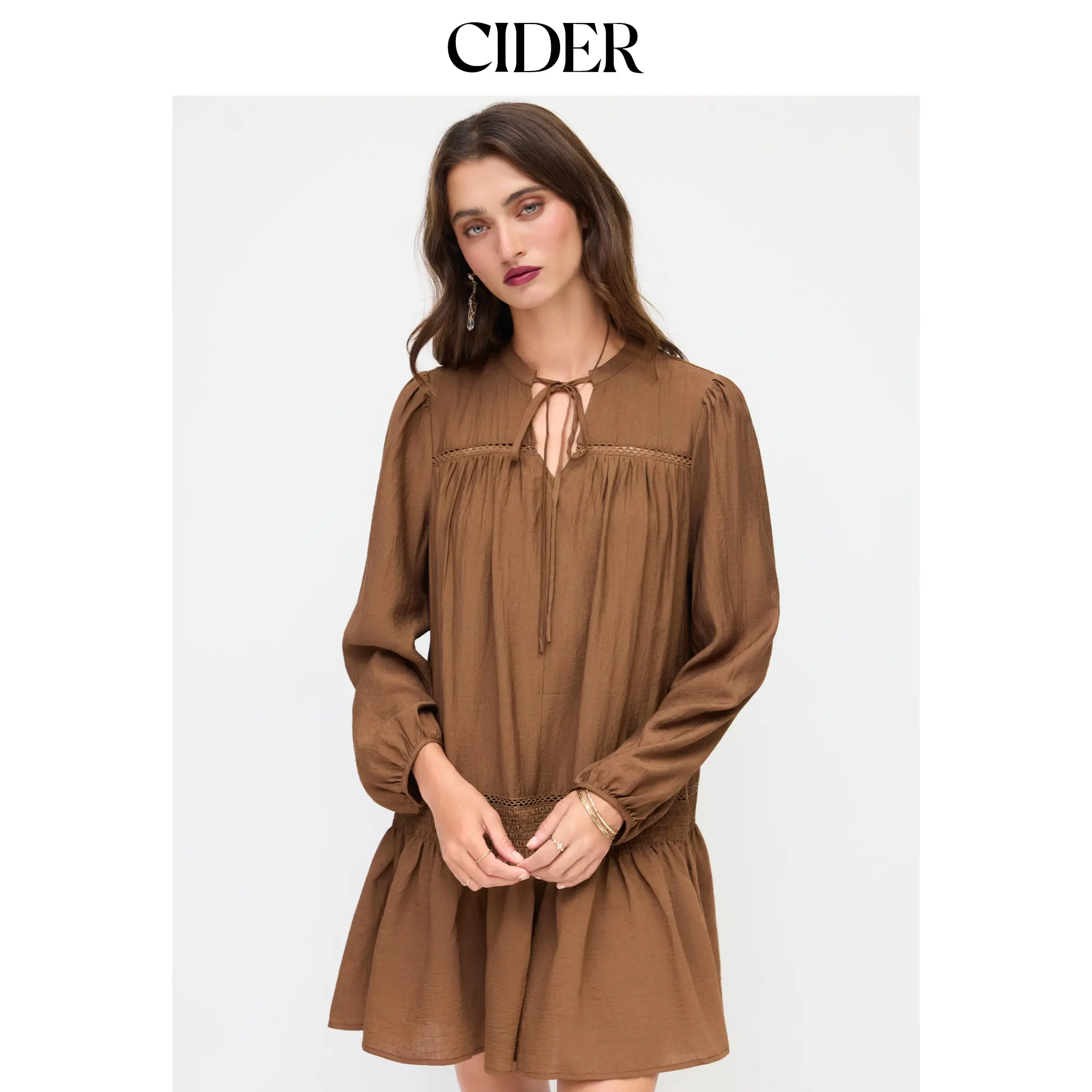 Cider Women's Casual Minimalist Long Lantern Sleeve Rayon Blend Woven H-Type Mini Dress - Round Neck, Knotted Detail, Shirred Design, Lady-Fit, Daily Wear, Elastane, Brunch Outfit