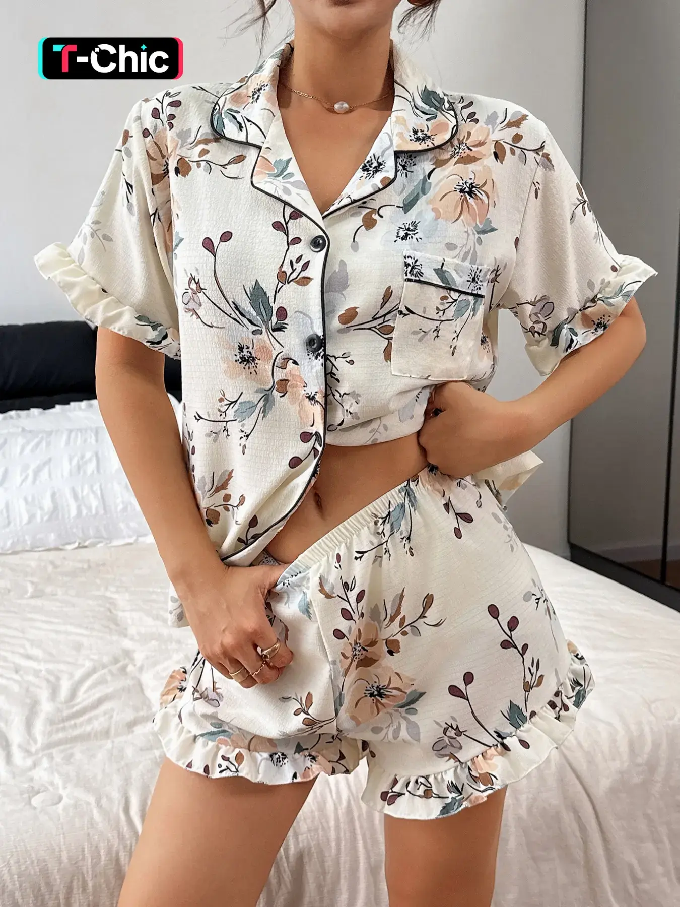 Women's Floral Print Short Top Pajama Set Pjs, Soft Skin-Friendly Breathable Sleepwear Loungewear, Casual Ruffled Design, All Seasons Wear Womenswear