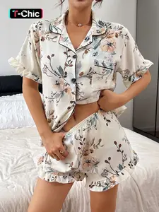 Women's Floral Short Pajama Set, Soft Skin-Friendly Sleepwear Loungewear, Casual Ruffled Design, All Seasons Wear Womenswear