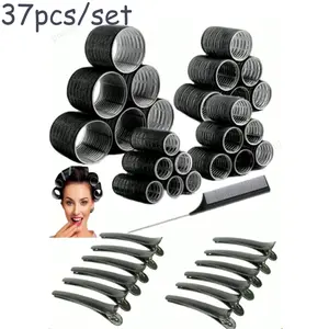 37 piece self grip roller set, with 24 rollers in 4 sizes and 12 clips, 1 comb for blowing out long hair with a roller, suitable for professional DIY hairstyle design for women