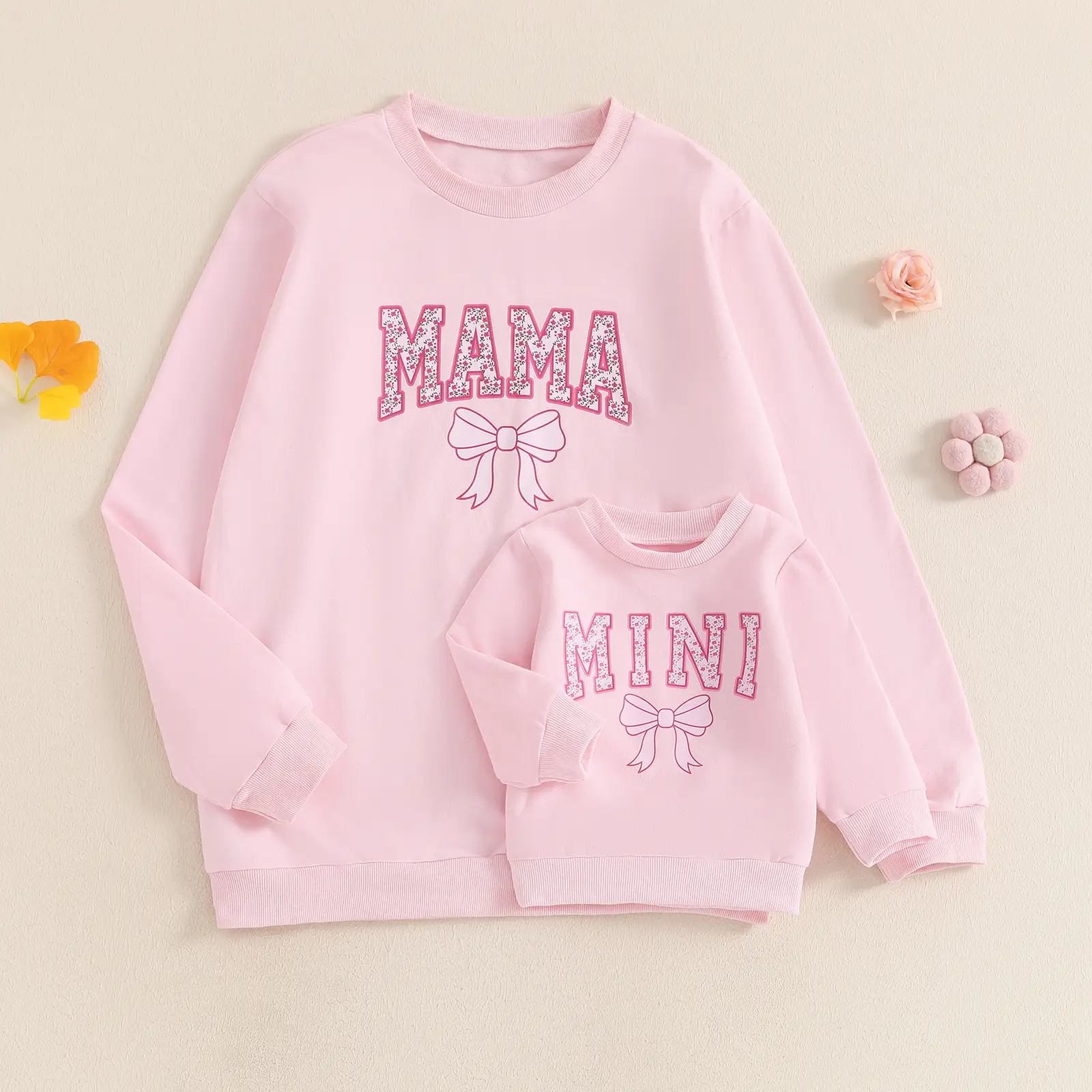 Family Matching Autumn Sweatshirt Parent-child Long Sleeve Crewneck Letter Bow Print Pullover
