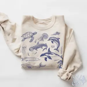 Sea Animals Vintage 90s Sweatshirt, Retro Ocean Sweater, Orca Whale Shark Creatures Sweater, Sealife Gifts, Unisex Pullover, Beach Lovers