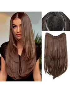 Light Brown U-Part Clip-In Wig for Women - 22" Straight, Natural Color Hair Extension, Invisible Full Headpiece in for Halloween & Christmas, Synthetic Hair Wigs, Synthetic Soft Hairpieces