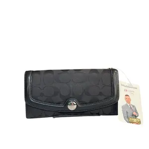 Pre-owned coach anvas Small Leather Goods Legacy Signature C SHW Black Canvas Leather TRIM Trifold Card Long Wallet