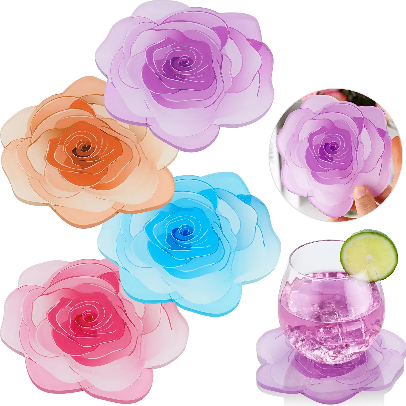 NiHome 4-Pack Modern Colorful Glossy Acrylic Rose Shape Tableware Coasters, Water Stains Resistant Indoor Decorative Set with Artistic Touch for Bar & Kitchen Tabletop Protection