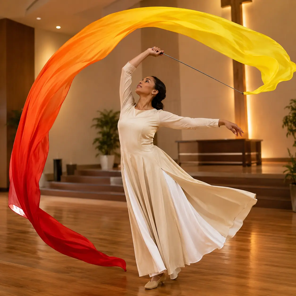 Gradient Yellow Dance Streamer Ribbon with Extendable Rod for Praise Dance & Worship Performance