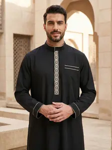 Islamic Traditional Men's Stand Collar Robe, Muslim Thobe, Arabic Thobe, Saudi Thobe with Geometric Embroidery, Classic Versatile Festival Wear, Perfect Gift for Friends and Family