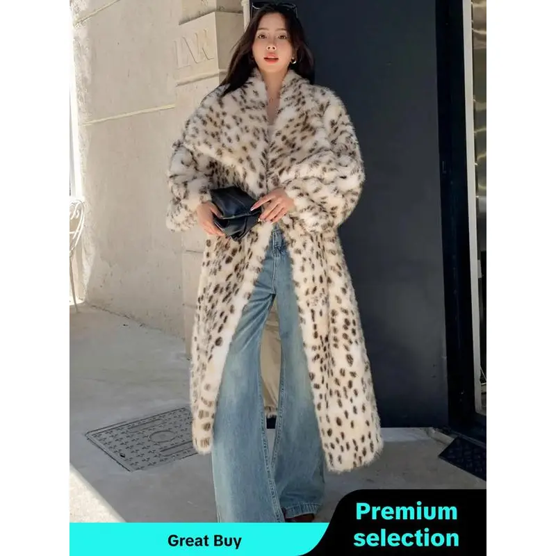 Women's Leopard Print Faux Fur Coat Long Sleeve Waterfall Collar Fuzzy Coat for Fall Winter Daily Wear Casual Luxurious Premium Women Clothing