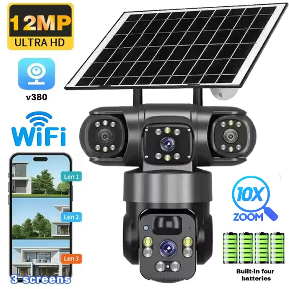 Wireless Outdoor Solar & Battery-Powered Lithium Ion Battery Security Camera with 2.4G Wi-Fi, 360° Pan-Tilt, Color Night Vision, AI Function, Motion Detection, Spotlight, 10x Zoom, Bracket Mount, SD Card Support (Home Security Lighting Accessory)