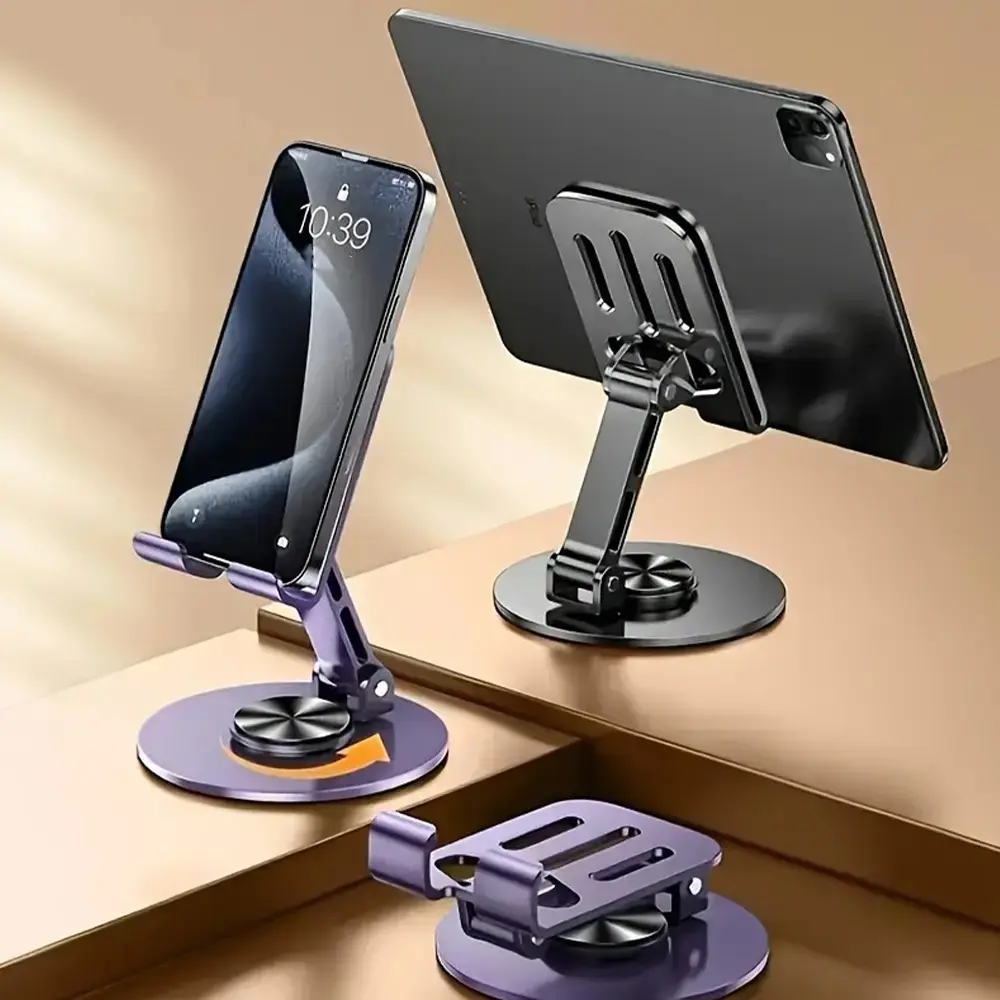 360 Swivel Metal Desk Phone iPad Tablet Stand, Tablet Phone Mount, Foldable Adjustable Holder, Multi-Angle Viewing, Space-Saving Design, Durable Construction