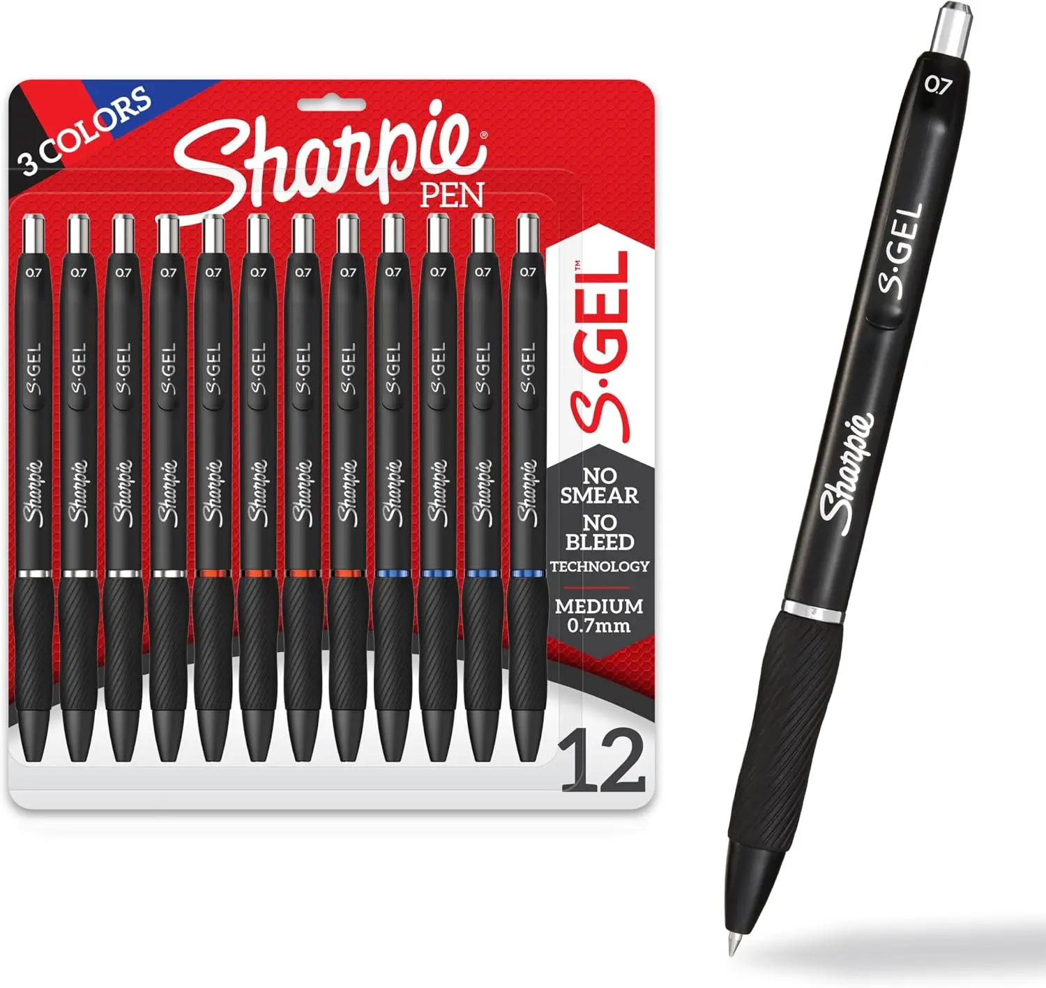 Gel Pens with Rubber Grip, Black Barrel, 0.7mm Medium Point, Assorted Ink Colors, 12 Count - Office Stationery for Writing, Note-Taking