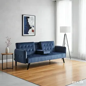 72" Velvet Convertible Sofa Bed with Cup Holders, Tufted Folding Futon Sleeper Couch, Mid-Century Modern 3 Seater for Small Spaces, 72" L x 34.6" D x 31" H, Dark Blue