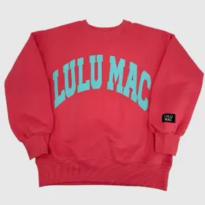 Women’s Lulu Mac Coral Sweatshirt With Mint Puff Lettering Womenswear Long Sleeve Tops Pullover Casual Crewneck Everyday Soft Cotton