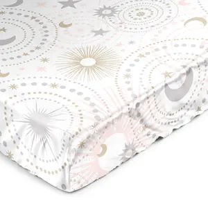 Sweet Jojo Designs Blush Pink Gold Star and Moon Girl Baby Satin Fitted Crib Sheet for Infant Newborn Nursery Toddler Bed Room Standard Mattress - Grey Celestial Sky Stars Gray Shabby Chic