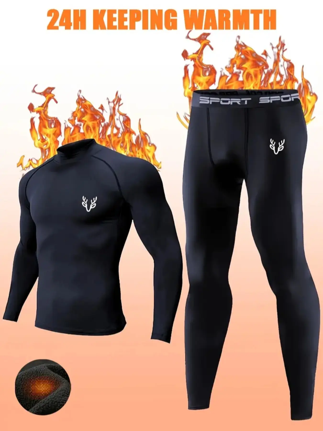 2PCS Men’s Autumn/Winter Thermal Sportswear – Goat Head Print, Compression Top & Pants, High Stretch for Running, Cycling & Outdoor Training