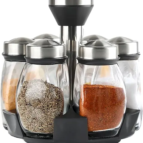 Stainless Steel 360° Rotatable Space-Saver Spice Rack Organizer Tower Set with 6 BPA-Free Glass Seasoning Canisters, Wet-Proof Covers, Corrosion Resistance, Moisture Lock & Quick Access for Kitchen Cooking Countertop Accessories