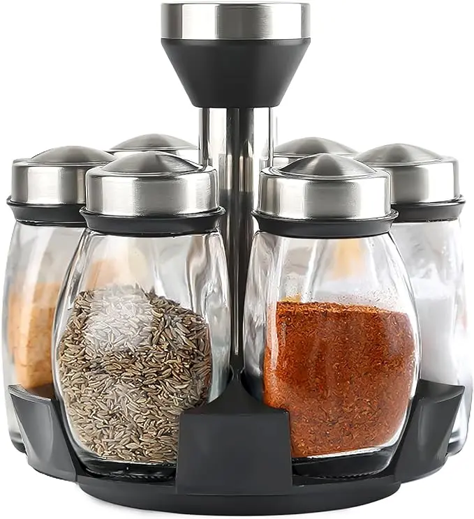 Stainless Steel 360° Rotating Spice Rack Organizer, Space-Saver Tower Set with 6 Glass Jars, Lids, Canisters & Bottles for Kitchen Seasonings & Cooking Utensils, Canister