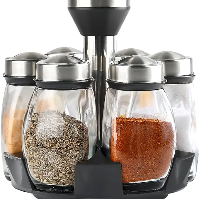 7-Piece Stainless Steel Revolving Kitchen Seasoning Rack Set with Sealed Glass Bottles, Adjustable Swivel Canister Organizer for Cabinet Countertop Cooking Home Supplies (Spices Not Included)