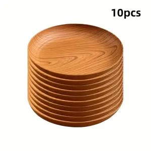 10 creative wood-pattern plastic plates with circular stripe design, high-quality and lightweight, suitable for home use, dessert shops, commercial snack and fruit trays, cup and plate storage, cake and dessert serving plates