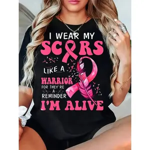 Women's Cancer Warrior T-Shirt - Survivor Tee with Pink Ribbon & Graphic - Bold "I Wear My Like a Warrior" Quote for Breast Cancer Awareness, Everyday & Special Events
