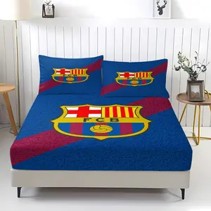 3-Piece Set Of Barcelona Team Emblem Patterned Bed Sheets, Bedsheet Sets, Comfortable Printed Pattern, Including 1 Bed Sheet And 2 Pillowcases, Comfortable Bedding, Non Slip Dust Cover Suitable For Bedrooms And Guest Rooms, Suitable As a Gift