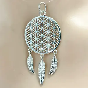 Sterling Silver 925 Large DreamCatcher Pendant Charm with Circular Design, Three Feathers, and Simple Loop for Display, Good Luck, Blessings Jewelry