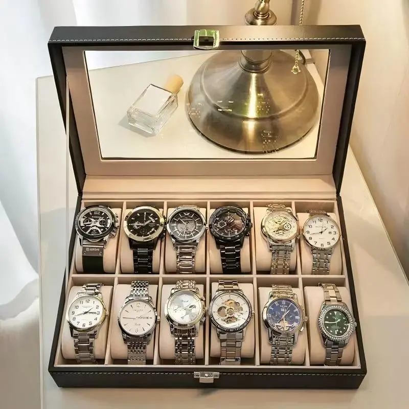 12 Slot Leather Watch Box Display Case Organizer with Framed Glass Lid Elegant Contrast and Removable Pillow for Men and Women Watch and Jewelry Large Holder Boxes, Birthday Gift (No Watch)