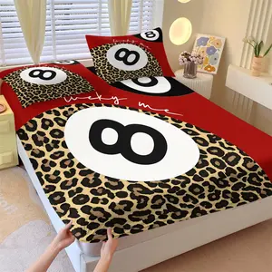 American Vintage Leopard Print 8-Ball Pool Fitted Sheet Set, 1 Mattress Cover & 2 Coreless Pillowcases, Red Black Color Block and Brown Leopard Print, Soft Anti-Slip Wrinkle-Resistant, Y2K Bedroom Decor Gift