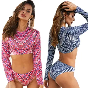 New European and American style beach surfing long-sleeved wrap-around cropped printed form-fitting hot spring two-piece swimsuit